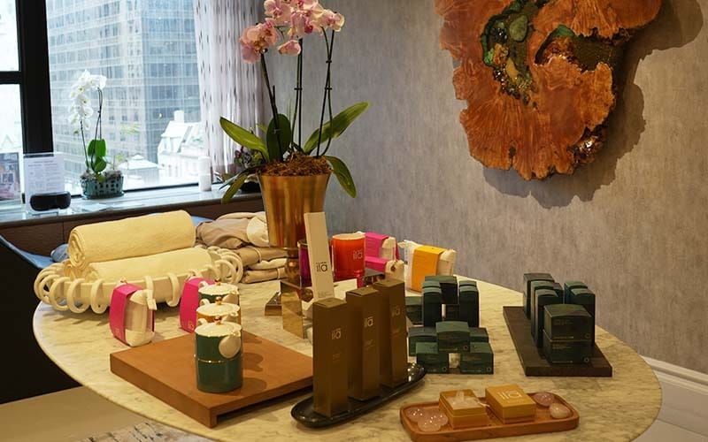 Spa gift items and wellness products display at ila Only Spa NYC boutique
