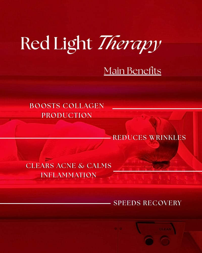 Red light therapy treatment benefits infographic at ila Only Spa in Midtown Manhattan New York