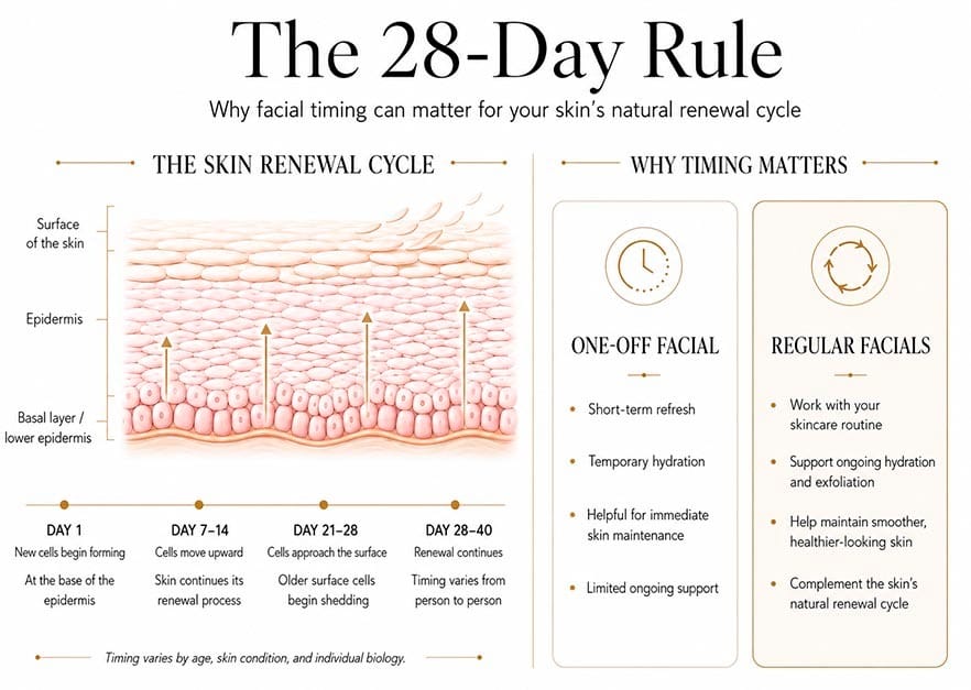 Infographic showing the skin renewal cycle from day 1 to day 40 and how regular facials can complement natural skin renewal