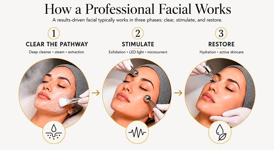 Infographic showing the three stages of a professional facial: cleansing, stimulation, and hydration