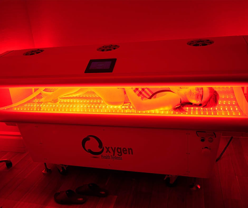 Guest wearing protective eyewear during a red light therapy session at ila Only Spa in New York City