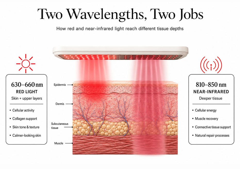 Infographic comparing 630–660 nm red light and 810–850 nm near-infrared light penetration through skin and deeper tissue