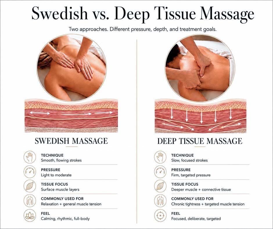 Swedish massage vs deep tissue massage comparison showing technique pressure tissue focus and treatment feel