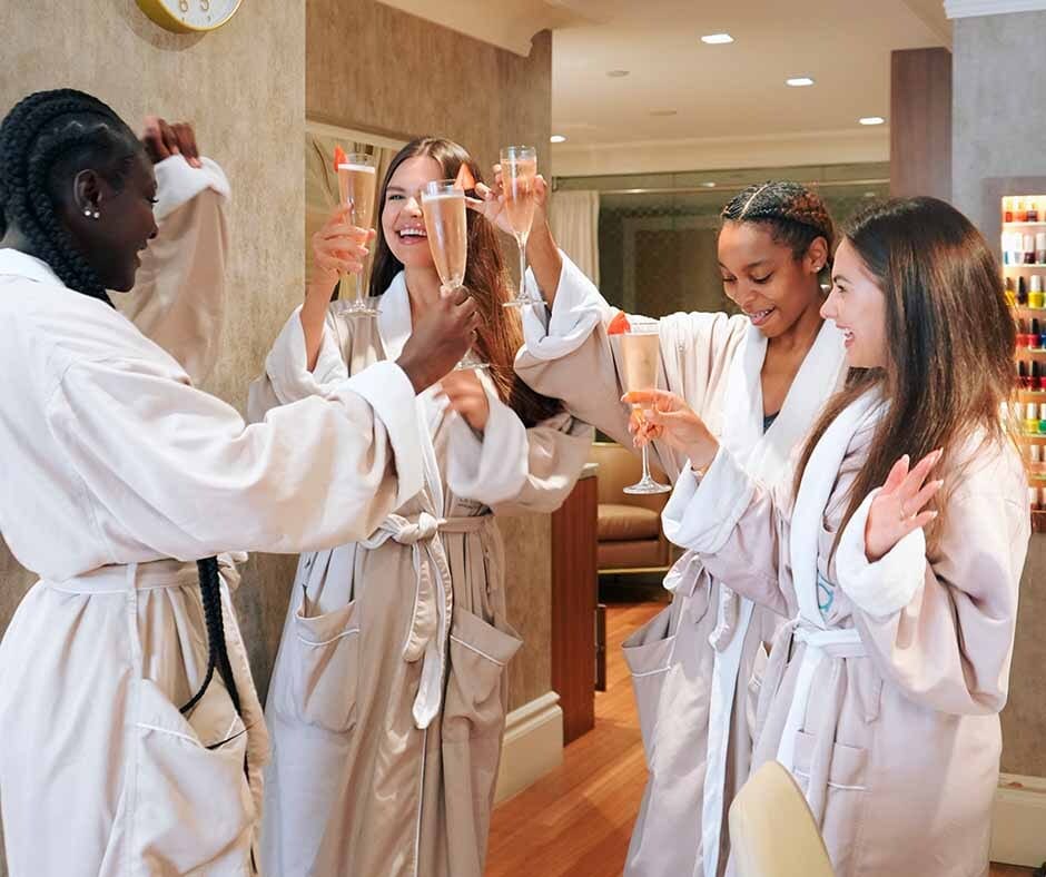 Friends relaxing together during a bridal spa day in Midtown Manhattan