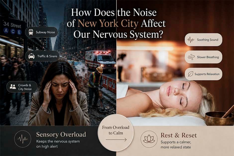 Infographic showing how New York City noise may contribute to sensory overload and how calming sound can support relaxation