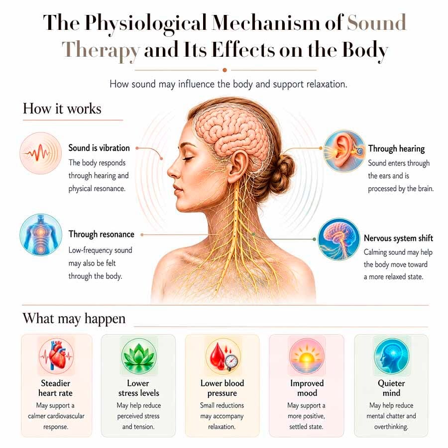 Infographic explaining the physiological mechanism of sound therapy and its effects on the body