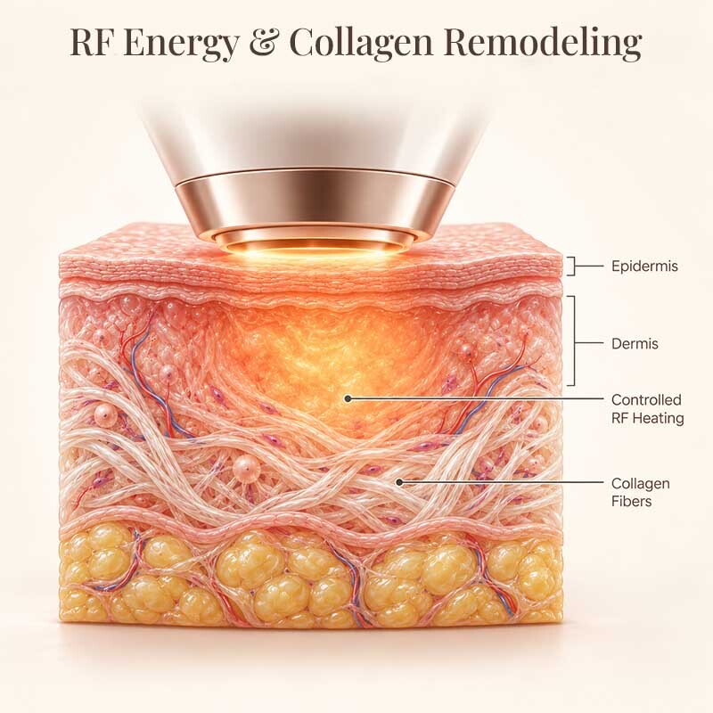 Medical illustration showing how radiofrequency energy heats the dermis to support collagen remodeling during non-surgical skin tightening at ila Only Spa in Midtown Manhattan.